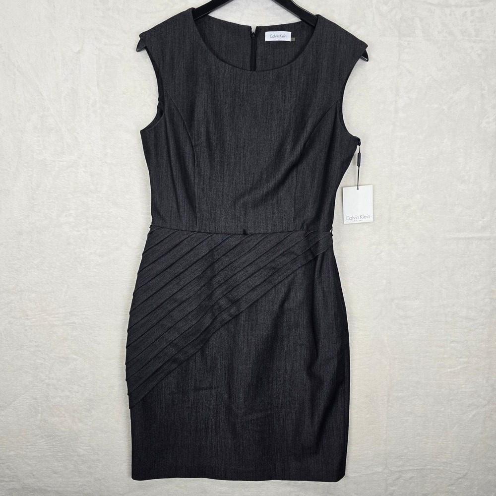 NWT Calvin Klein Black Heathered Pleated Sheath Dress 8 Sleeveless Office career